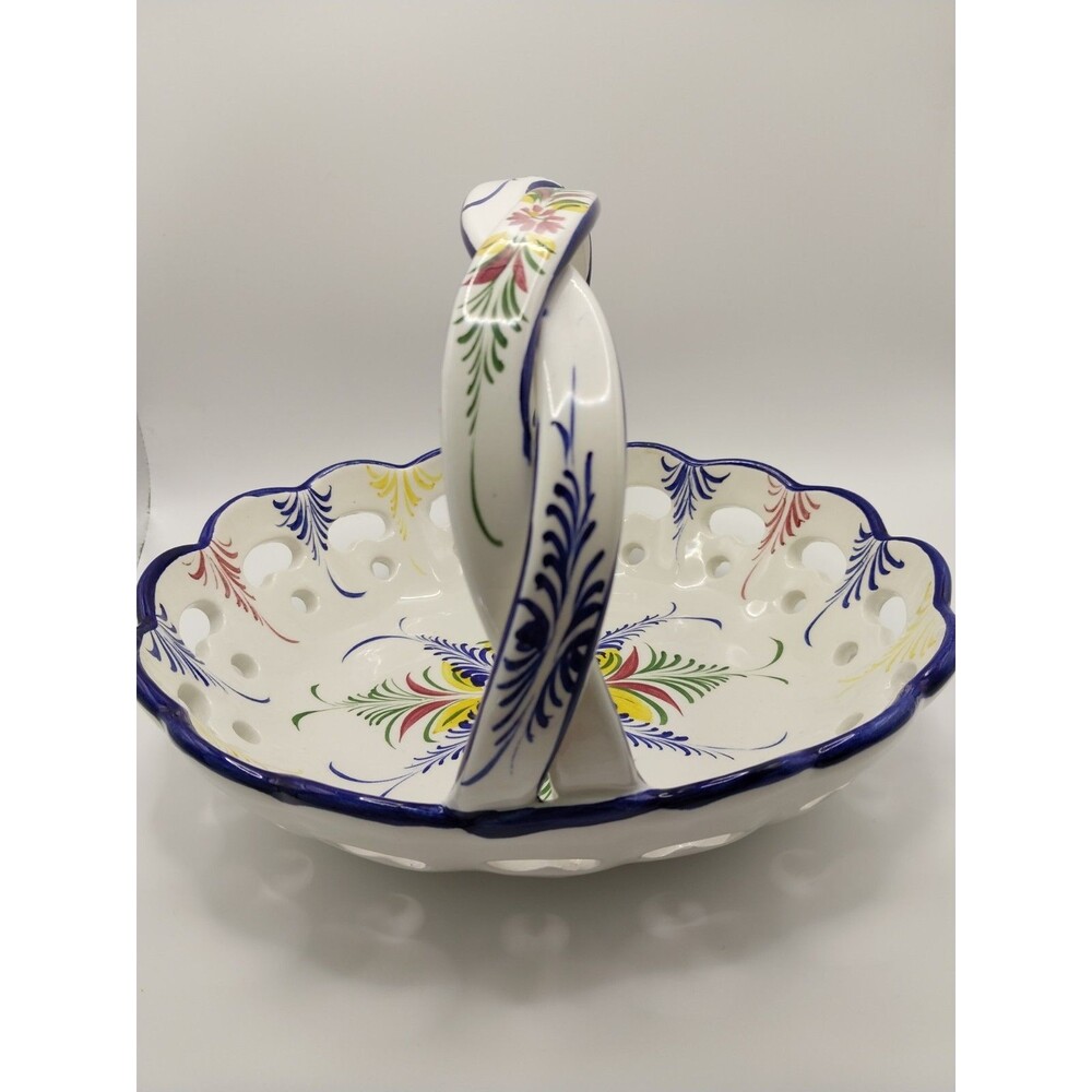 Vintage Portuguese Pottery Basket/Bowl Floral Hand-Painted Excellent